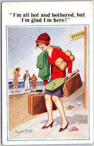 Pretty Lady All Hot And Bothered Glad I'm Here Comic Card Postcard