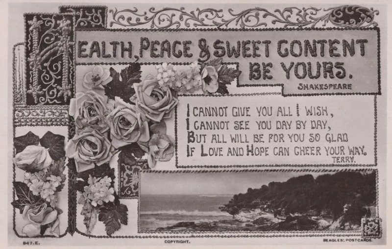 Shakespeare Earth Peace & Sweet Content Beagles Old RPC Postcard