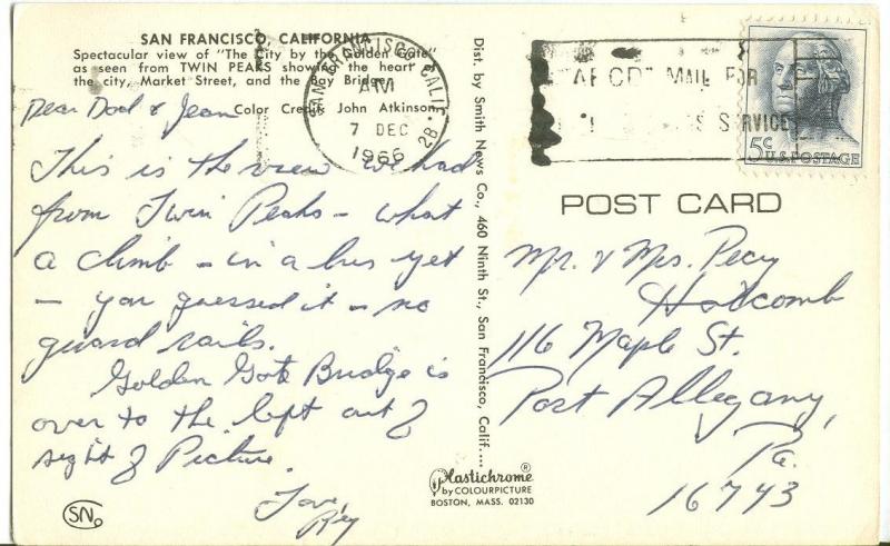 San Francisco, California, Panoramic view 1966 used Postcard