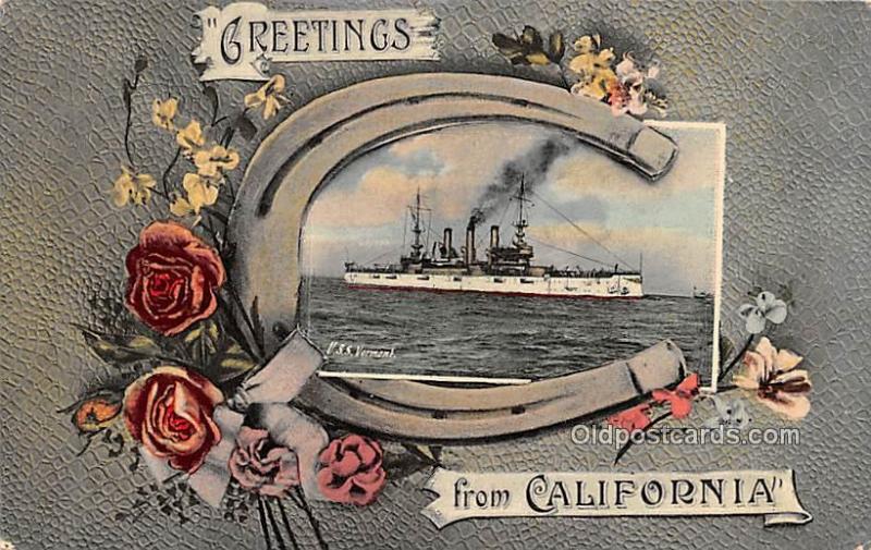 Greetings from California Military Battleship 1908 writing on back 