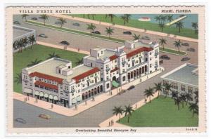 Villa D'Este Hotel Miami Florida linen postcard