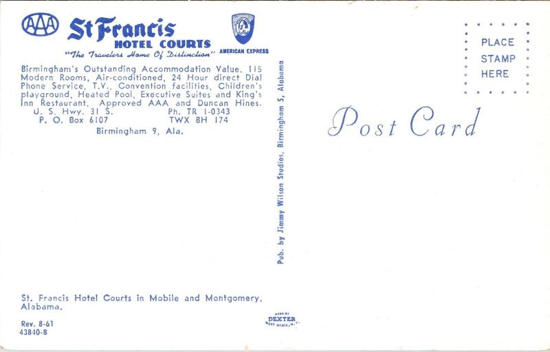 Postcard Alabama Mobile St. Francis Hotel Courts Swimming Pool Roadside 1961 V69