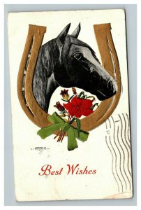 Vintage 1908 Best Wishes Postcard - Giant Horseshoe Thoroughbred Red Flowers