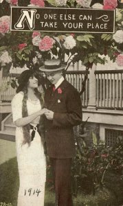 Vintage Postcard 1914 No One Else Can Take Your Place Woman and Man Tree Blooms