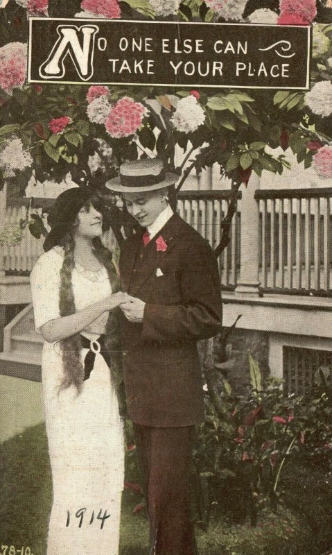 Vintage Postcard 1914 No One Else Can Take Your Place Woman and Man Tree Blooms