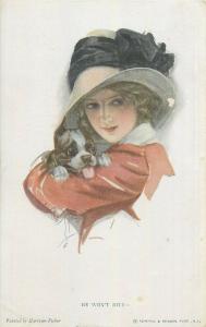 Harrison Fisher artist signed postcard lady holding dog pet  He won`t bite 