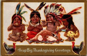 Postcard Heap Big Thanksgiving Greetings Native Americana Kids Embossed C1910 L4