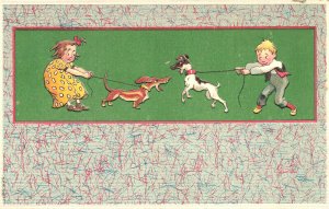 Boy & Girl Holding Back Their Dogs Embossed Postcard