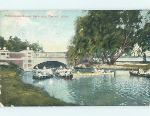 Divided-Back CANOE BOAT & PEOPLE AT BRIDGE AT BELLE ISLE Detroit MI p1592