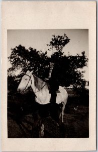 Young Man Riding Horse Forest Background Antique Postcard