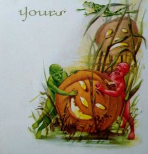 Halloween Postcard Fantasy Red & Green Devils In Swamp Frog Giant JOL Gibson