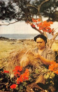 HAWAIIAN HAT WEAVER Native Hawaiian Bougainvillaea c1950s Vintage Postcard