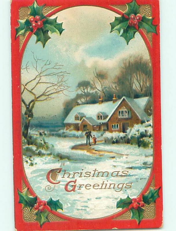 Pre-Linen christmas PEOPLE WALKING BY LARGE HOUSE ON A WINTER DAY HQ6840