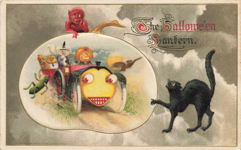 1914 Winsch Halloween Lantern Embossed Witch Live Car Black Cat Postcard