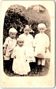 Infant Children Standing in Garden with Sunday Gowns Portrait - Vintage Postcard