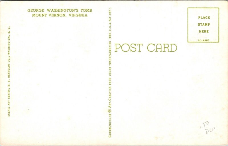 George Washington Tomb Mount Vernon Virginia VA Postcard VTG UNP Curteich Unused 