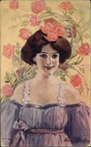 Edward Waskow Beautiful Dark Haired Woman With Roses c1910 Vintage Postcard