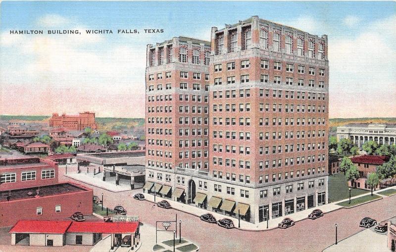 Wichita Falls Texas~Hamilton Building~Panhandle Gas? Station~1940s Postcard