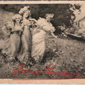 1912 France Bonne Annee Cute Girls Postcard Elegant Women Gowns Meadow Edwardian