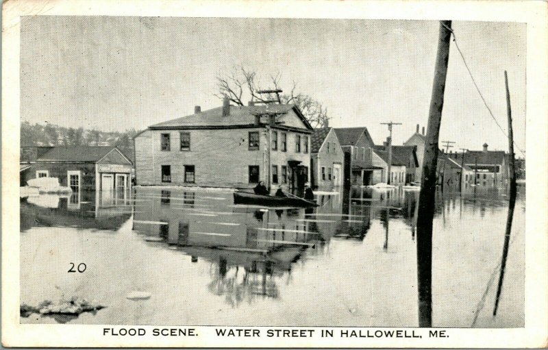 Vintage Postcard Flood Scene Water Street In Hallowell Maine 1930s