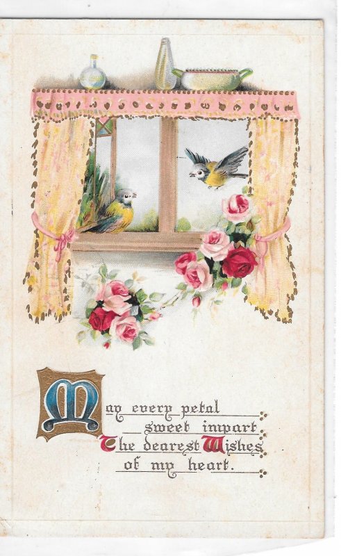 Romance Blue Bird Jays in Window Roses Vintage Embossed 1916 B B London Postcard