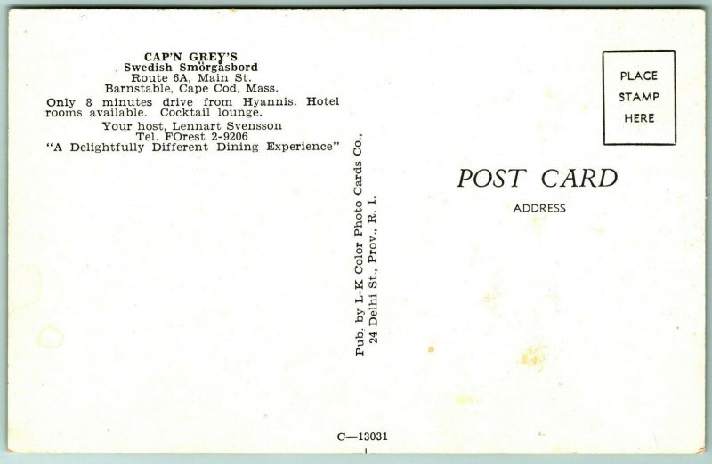 Cap'n Grey's Swedish Smorgasbord Cape Cod Massachusetts UNP Chrome Postcard I6