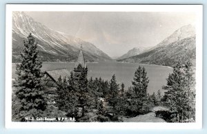 RPPC LAKE BENNETT, Canada~ View of CHURCH, LAKE, MOUNTAINS c1950s Postcard