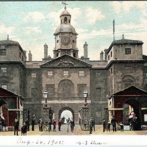 c1905 London England Horse Guards Whitehall Clock Tower Soldiers Sentry Litho
