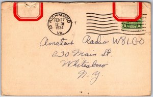 1934 QSL Radio Card Code W3CYU Richmond Virginia Amateur Station Posted Postcard