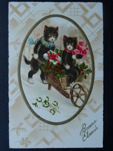 French New Year Greeting BONNE ANNÉE Kittens Mistltoe c1913 Postcard by Pittius