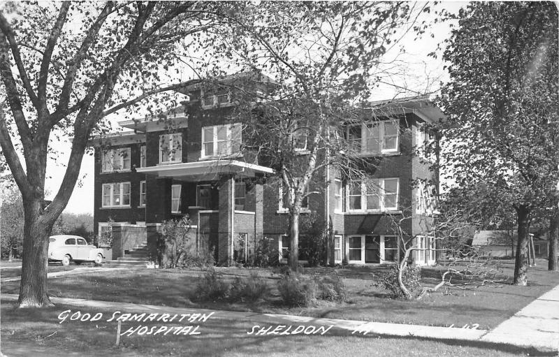 Sheldon Iowa~Good Samaritan Hospital~Classic Car in Driveway~1949 Real Photo PC