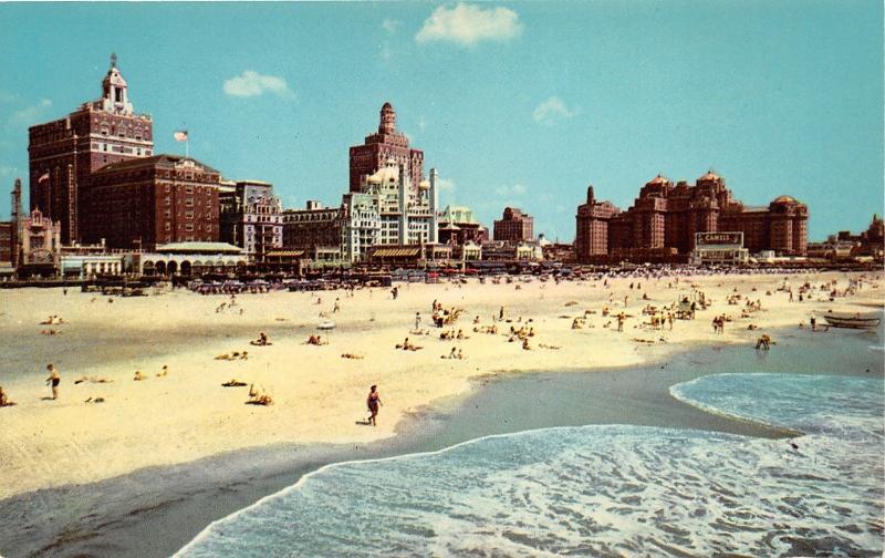 Atlantic City New Jersey~Beach & Central Skyline~Sunbathers~Crashing Waves~1958