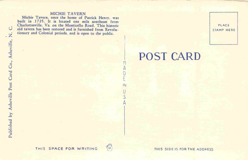 Michie Tavern Charlottesville Virginia linen postcard