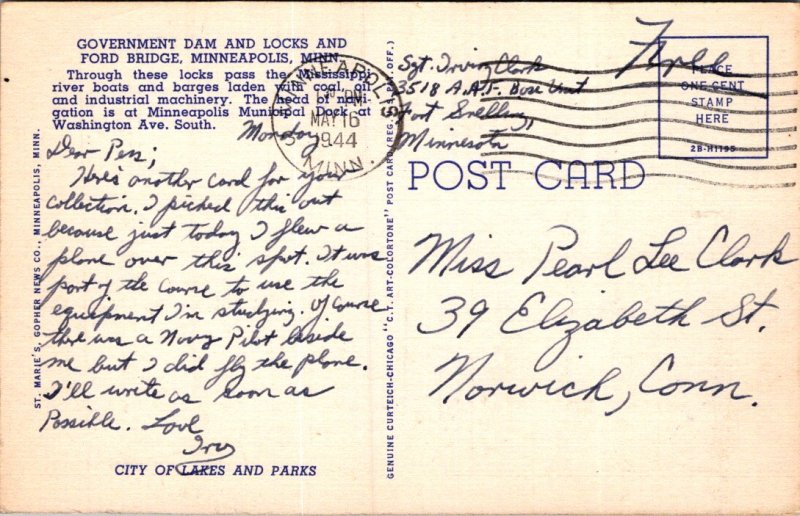 Minneapolis MN US Govt Dam and Locks Ford Bridge c1940s free soldier mail