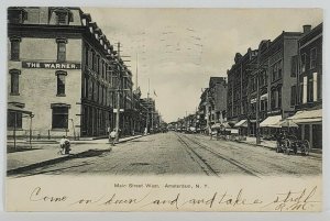 Amsterdam NY Main St West, Showing Old Warner 1905 to Northville Postcard S4