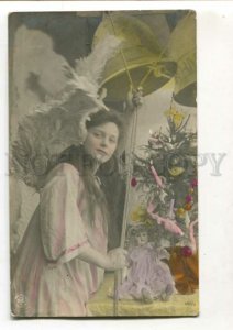 3115849 Winged ANGEL Woman w/ DOLL Vintage PHOTO tinted PC