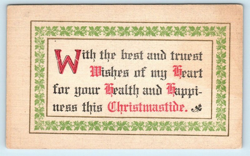 ARTS & CRAFTS CHRISTMAS Greeting 1909  Postcard Christmas Health & Happiness
