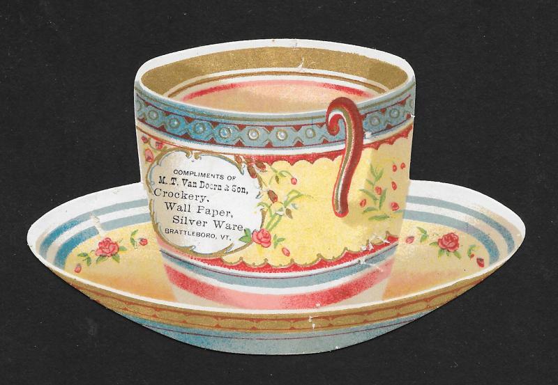 VICTORIAN TRADE CARD Van Doorn Crockery Diecut Cup & Saucer