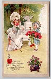 Valentines Day Fancy Woman Man With Flowers Postcard X24