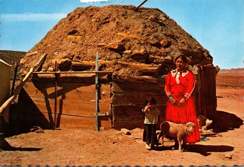 Arizona Navajo Indian Woman and Child In Front Of Typical Indian Hogan