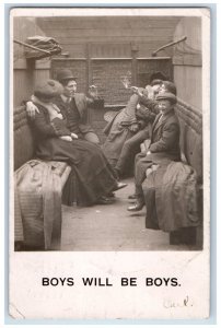1906 Child Smoking Train Boys Will Be Boys Ottawa IL RPPC Photo Antique Postcard