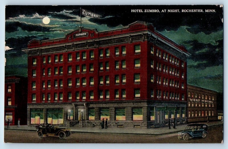 1914 Hotel Zumbro At Night & Restaurant Classic Car Rochester Minnesota Postcard