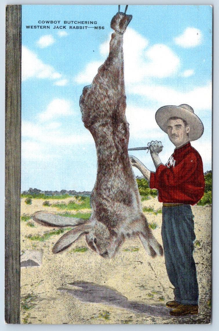 Cowboy Butchering Giant Jack Rabbit Humor Vintage Exaggerated Postcard Other / Unsorted