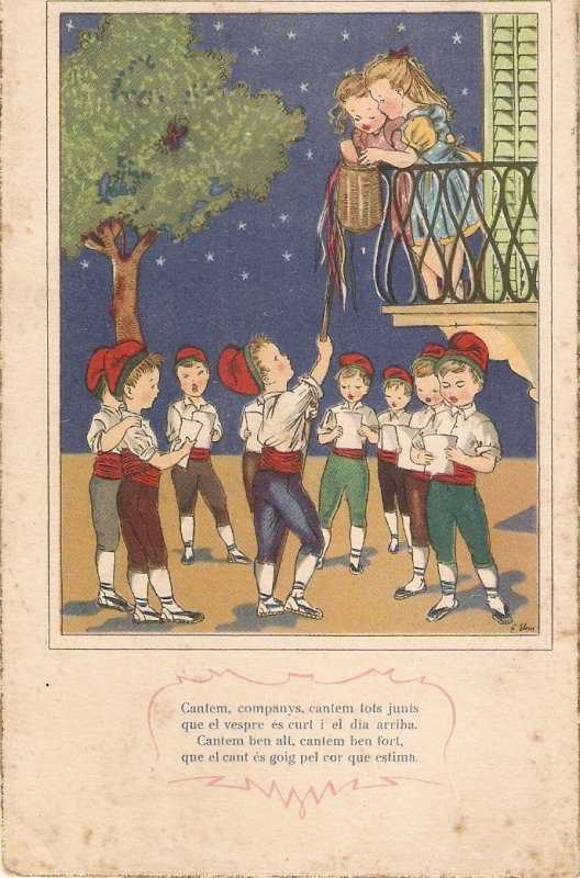 Catalan boys singing to girl in balcony Vintage Spanish postcard 1040s