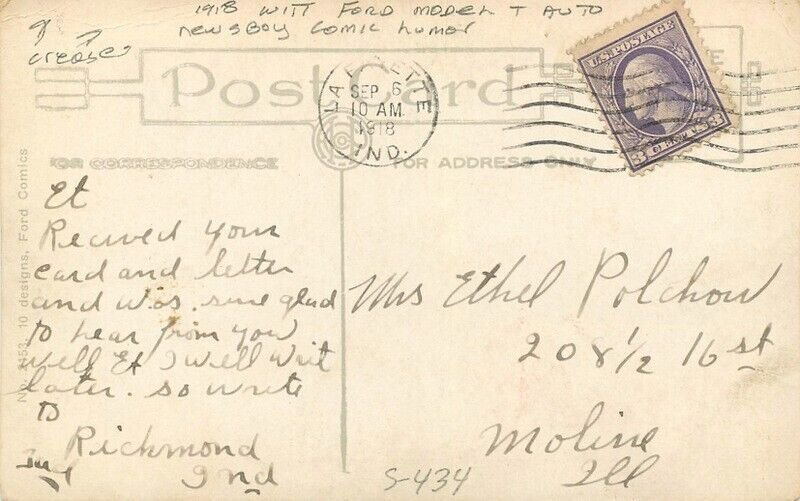 1918 Witt Ford Model T auto Newsboy comic humor caricature Postcard 22