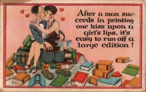 book romance postcard: After a Man Succeeds In Printing One Kiss