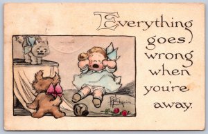 K26/ Artist Signed Postcard c1910 Wiederseim Pet Dog Crying Child Cat 134