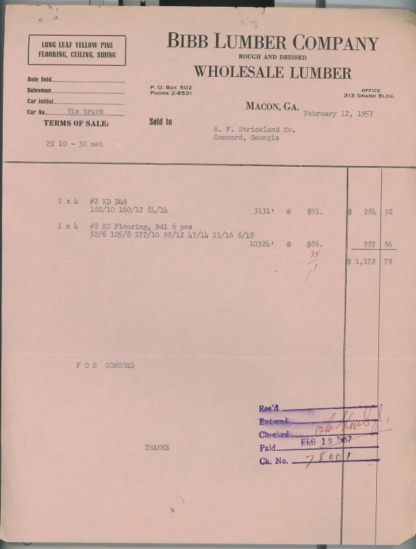 1957 Bibb Lumber Company Macon GA Rough and Dressed Wholesale Lumber Invoice 238 