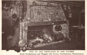 Vintage Postcard 1947 Fireplace Hotel Northampton Wiggins Tavern Massachusetts