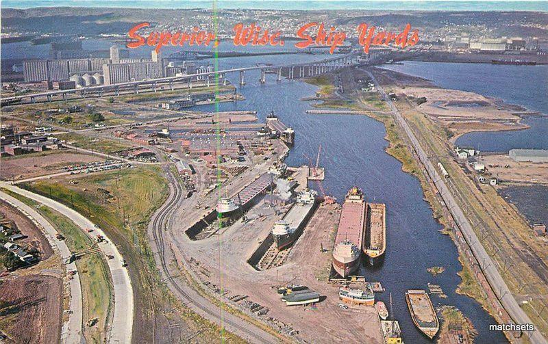 1950s Aerial View SUPERIOR WISCONSIN Dry Docks Gallaghers postcard 2006